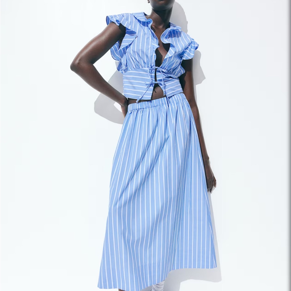 NWT H&M Blue and White A-Line Midi Skirt with Tie Front